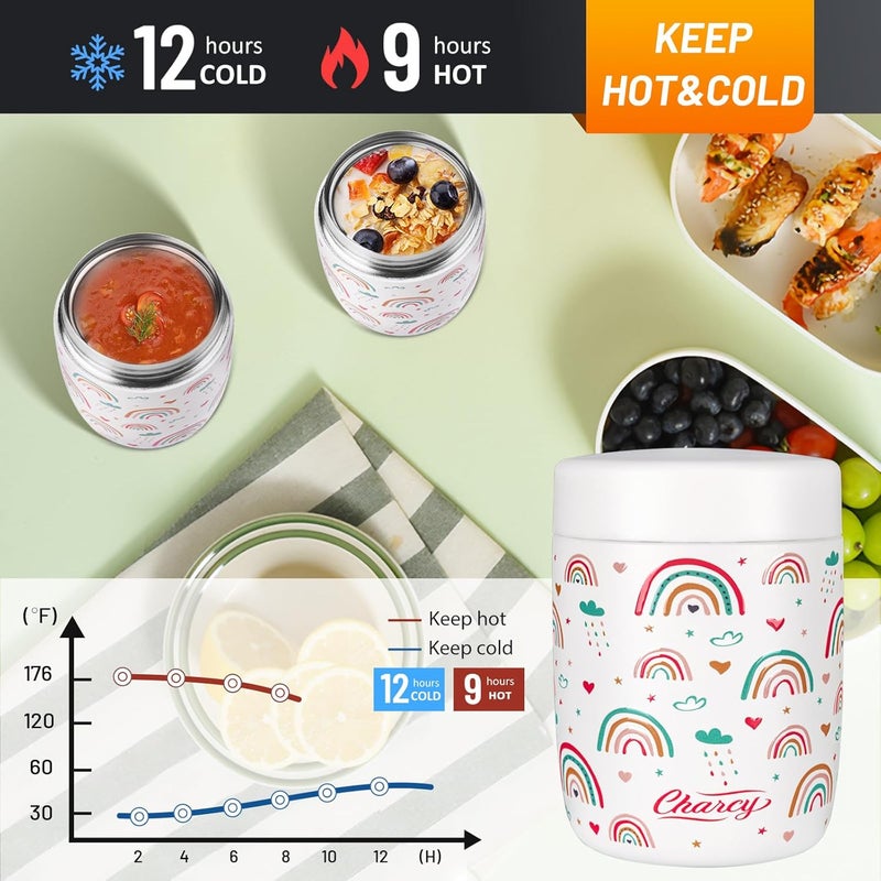 Charcy 9oz Stainless Steel Vacuum Insulated Kids Food Jar - Soup Thermo for Hot & Cold Food - White Rainbow - Image 4